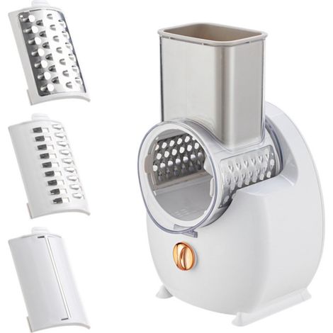 Râpe à fromage électrique - Râpe à carottes électrique - Râpe de cuisine - 50 W - Râpe rotative - 3 jeux de lames interchangeables - Fromage - Légumes - Cuisine - 17 x 17 x 29 cm - Blanche (1/5)