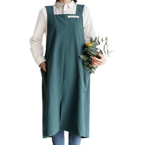 Schlichte Schürze aus Baumwolle/Leinen im japanischen Stil, mit gekreuzten Bändern, großer Tasche, Retro-Look, geeignet für die Küche, Damen/Herren