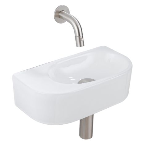 QeramiQ Fuente Ensemble de Lavabo - 40x21.5x12cm - lisse - demi-rond - céramique - ensemble de robinet en acier inoxydable brossé - bouchon de vidange