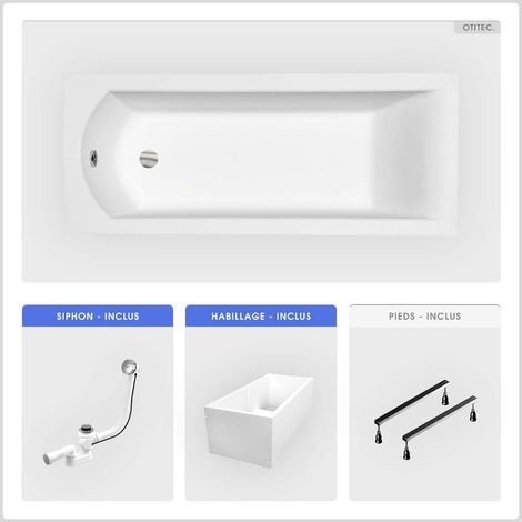 Baignoire rectangulaire - 180 x 80 cm - avec Habillage Polystyrène - Pieds - Vidage Chrome - SHEA SLIM (1/5)