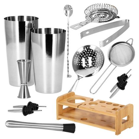 SPRINGOS 13-teiliges Cocktail-Shaker-Set mit Tin Tin Shaker Mit Bambusständer Cocktail Set aus Edelstahl Schnapsgießer Für Mixgetränke Exotischste Cocktails Hausbar Barlöffel