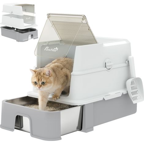 Lettiera per Gatti Chiusa 3 in 1 da 68L con Coperchio e Vassoio Estraibile in Acciaio Inox, Paletta, Grigio (1/5)