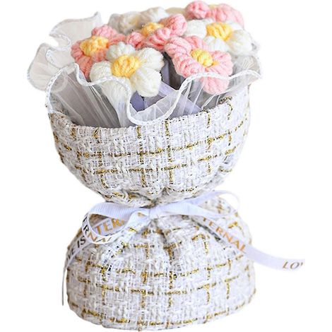 Bouquet de fleurs au crochet, bouquet tricoté à la main, décoration colorée pour la maison, ornement fini, cadeau pour la fête des mères ou la fête des enseignants-Pink White (1/5)
