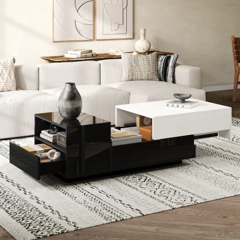 Table basse 100x50x38 cm, table de salon laquée avec tiroir, table d'appoint à plateau coulissant, design géométrique noir et blanc, grand rangement intégré (1/5)