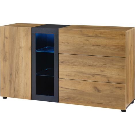Buffet moderne avec 3 tiroirs, meuble de rangement à portes vitrées, console en bois pour salon, largeur 140 cm, armoire de cuisine élégante et fonctionnelle. (1/5)