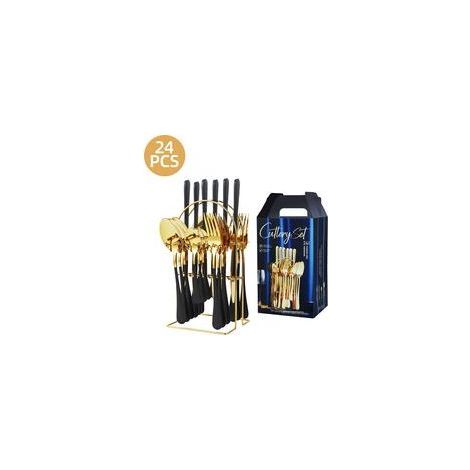 Ménagère 24 pièces en acier inoxydable avec support, finition miroir, pour 6 personnes, compatible lave-vaisselle, noir et or (1/5)
