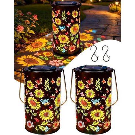 Lanterne solaire de jardin tournesol colorée, lanterne solaire tournesol, guirlande lumineuse suspendue en métal étanche avec (1/5)