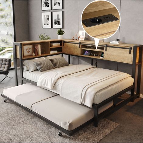 Lit métal 120 x 200 cm avec lit gigogne 90 x 190 cm, tête de lit rangement MDF noir et naturel (1/5)
