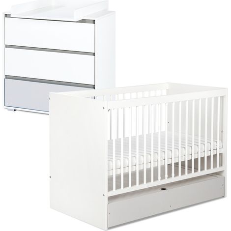 Monmobilierdesign – Ensemble commode à langer et lit bébé évolutif blanc 120x60 – Lit avec sommier ajustable 3 hauteurs – Commode avec plan à langer amovible