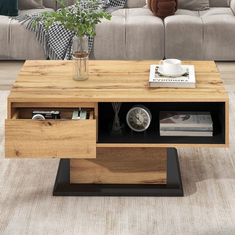 Eifson – Table basse fixe en grain de bois naturel – Tiroirs sans poignées – Rangement double face – Dimensions 100x47x60 cm (1/5)