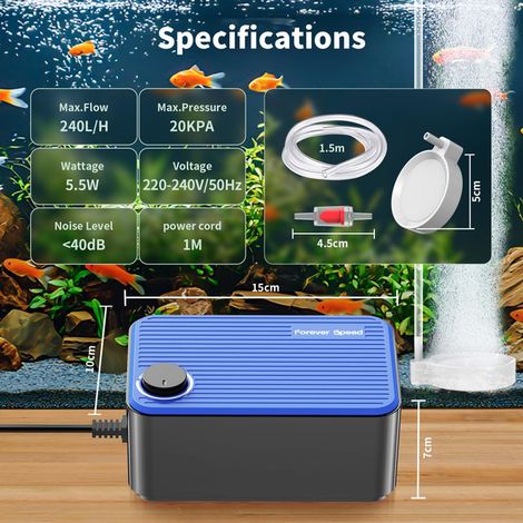 Pompe à Air d'Aquarium Silencieuse à Double Sortie avec Débit Réglable Diffuseurs d'Air Fins et Valves Anti-Retour pour Bassin et Aquarium