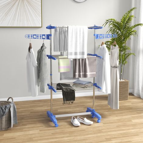 Étendoir à linge tour pliable à 3 niveaux avec roulettes, acier bleu, OKWISH (1/5)