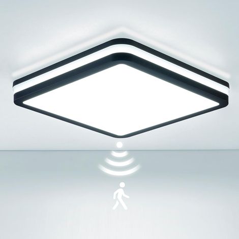 Imperméable Plafonnier LED avec Capteur de Mouvement, 24W/30W 4500lm 150(Lm/W) Etanchard 3000K/4000K/6500K Idéal pour salle de bain, garage, escaliers, couloir, balcon 26x26cm Gris (1/5)