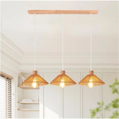 3lamps Suspensions Luminaires Industriel,Lampe Plafonnier en Rotin et Bois Vintage E27 Luminaire Style Rétro,26cm (1/5)