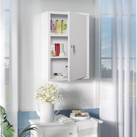 Armoire à pharmacie verrouillable 40x18x60 cm en acier blanc, murale pour salle de bain FLORAGRACE (1/5)