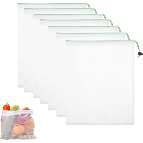 Lot de 8 sacs en filet réutilisables pour fruits et légumes, 35 x 30 cm, avec cordon de serrage, transparents, rangement (1/4)