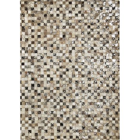 CUIR EXTRA SILVER - Tapis recyclé cuir motif damier gris clair 160x230 (1/5)