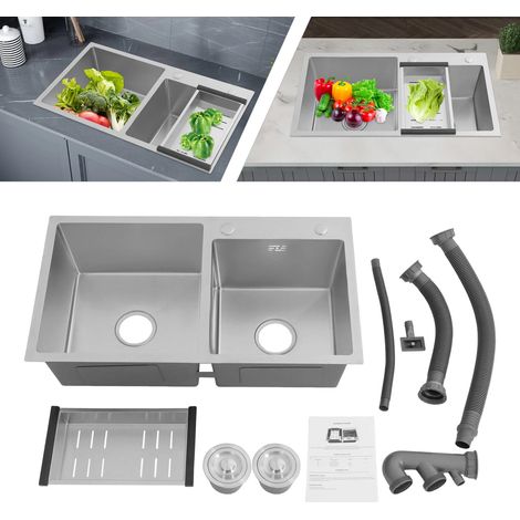 Évier de cuisine en acier inoxydable, 2 bacs, 78 x 43 x 21 cm, Évier encastrable, Double évier avec Panier d'égouttage et Filtres de drainage (1/5)