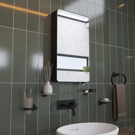 Croydex Matt Black Bathroom Cabinet With Pivoting Mirrored Door 63 x 35cm - Arun (1/4)