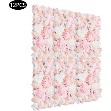 Lot de 12 panneaux muraux floraux artificielles, mur de fleurs, fond décoratif pour photo, mariage, baptême, fête et événement - 40x60 cm (1/5)