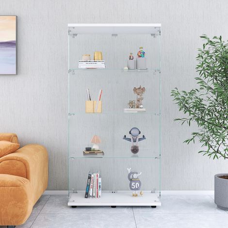 Vitrine en verre de sécurité avec 2 portes, 4 étagères, Cadre en bois, Serrures, Clés, Vitrine pour bureau, salon, cuisine - Blanc
