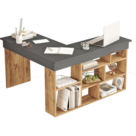 Cotecosy – Bureau d'angle avec rangements 129x120 cm – Mélaminé résistant à la chaleur – 8 étagères intégrées – Coloris anthracite et naturel