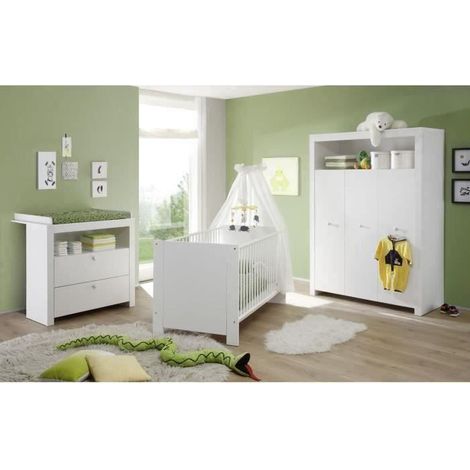 Chambre bébé complète 70 x 140 cm – Lit avec 3 positions de hauteur – Commode à langer – Armoire – Blanc – TREND TEAM – Trendteam
