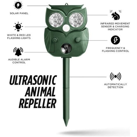 Dissuasore Solare per Animali, Modello Ultrasuono, Esterno, Adatto Giardini e Cortili, Allontana Gatti, Cani, Uccelli, Volpi e Topi (1/4)