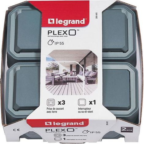 Conjunto completo de 3 tomas de corriente gris Plexo 2p+t y 1 interruptor - Legrand