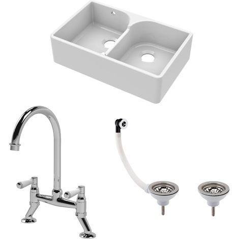 Fireclay Kitchen Bundle - 2 Bowl Stepped Weir Butler Sink with Wastes & Bridge Lever Tap, 795mm - Chrome (1/5)