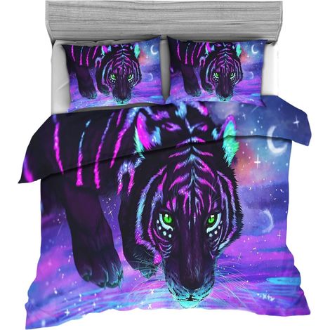 Ensemble de literie 3 pièces, motif animaux sauvages, coloré, polyester, pour chambre à coucher, motif tigre violet étoilé 230x260 cm (1/2)