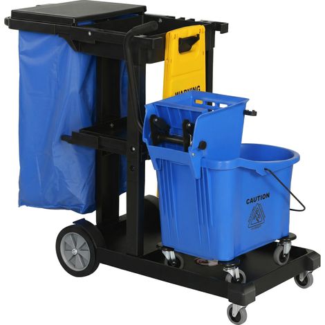 Chariot de nettoyage, chariot de nettoyage roulant à 3 étagères, sac poubelle de 70 litres, seau essoreur, bleu