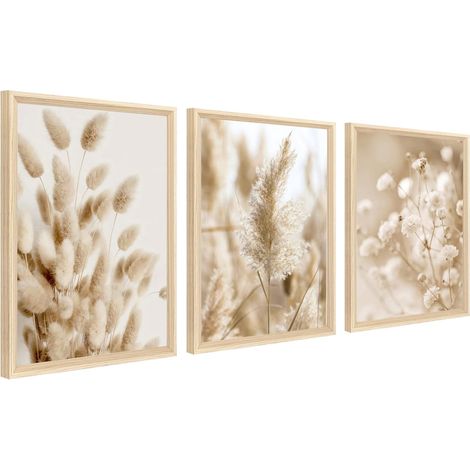 3Pcs Cadre en bois Impression sur Toile Fleurs Sauvages Botanique Tableau Affiche Beige Pampas Grass Sage Floral Tableau Decoration Murale Salon Chambre Maison 90x40cm(12"x16"x3pcs) (Pas de plexiglas) (1/5)