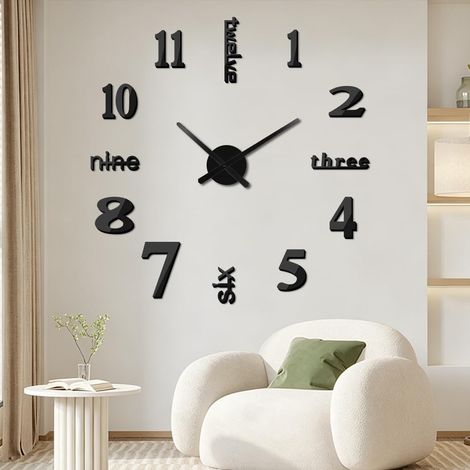 Grande Horloge Murale, 3D Miroir Autocollant Metal Silencieuse Pendule Murale, Cadran Alliage Aiguilles Aluminium, Décorations de Bureau Domicile, Extensible de 60 à 90 cm, Noir (1/5)