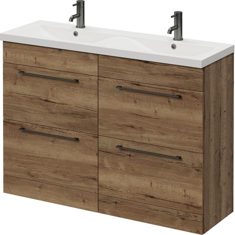 Napoli 390 Tobacco Oak 1200mm 4 Drawer Vanity Unit with Double Glide Basins - 1200mm - Gunmetal Grey 320mm Handle