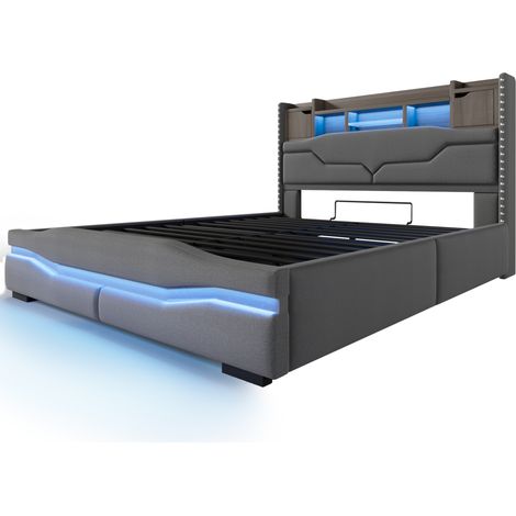 Letto contenitore 160x200 cm in lino grigio con LED, USB, presa e testiera con vano contenitore (1/5)