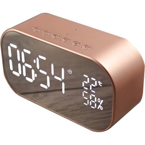 Radio réveil Bluetooth avec haut-parleur 2  3W – Thermomètre – Connexion AUX – Compatible USB – Couleur champagne – Portée 10m