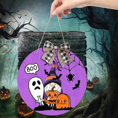 Décoration murale d'Halloween avec cordon et nœud en toile de jute pour porte d'entrée, panneau en bois, décoration intérieure et extérieure pour les fêtes (1/4)