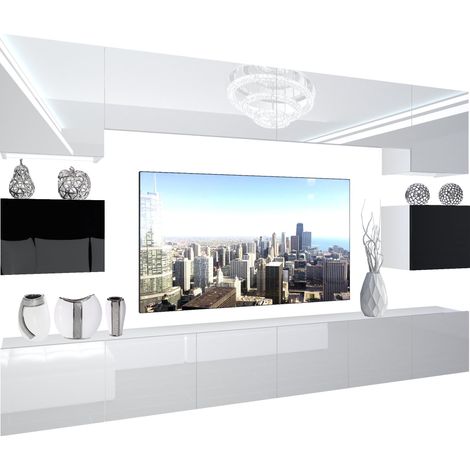 BELINI - Unité Murale TV NEX I Ensemble Muebles de Salon Complet I Ensemble Meuble TV avec Illumination LED I Dimensions: 300 x 180 x 36 cm I Coleur: Blanc très Brillant/Noir très Brillant 2 (1/5)