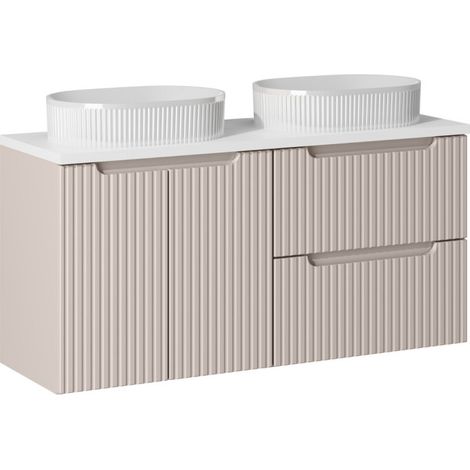 Meuble double vasques à poser + plateau blanc 120 cm - A portes + tiroirs - Astral Beige - Livraison gratuite