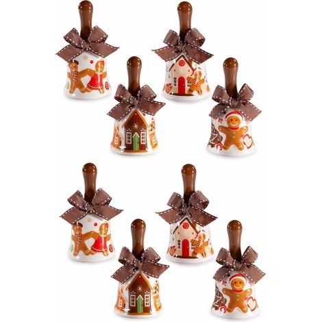 8 Campanelle Natalizie in Ceramica con Omini Pan di Zenzero - Idea Regalo