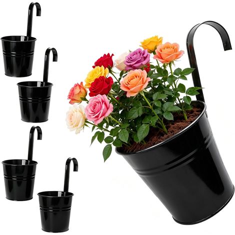 Set of 4 Outdoor Hanging Planters, 16 cm Height, 26 cm, with Removable Handle and Drainage Hole, for Balcony, Railing, Patio, Galvanized Iron, Weatherproof (1/5)