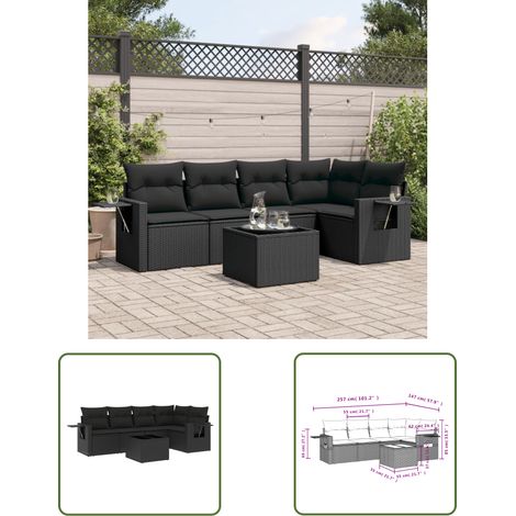 The Living Store Salon de jardin 6 pcs avec coussins noir résine tressée - Salon De Jardin - Meuble Extérieur - Set Salon - Résine Tressée - Rotin Synthétique (1/3)