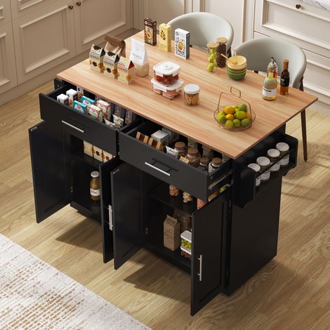 Sideboard 120/46/91,5 cm noir et naturel avec plateau rabattable, tiroirs et roulettes (1/5)