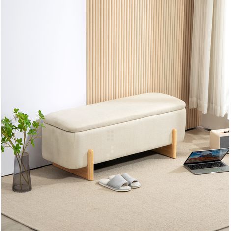 Banco arcón acolchado efecto lino, patas de madera, beige, 111 x 44 x 44,5 cm, OKWISH (1/5)