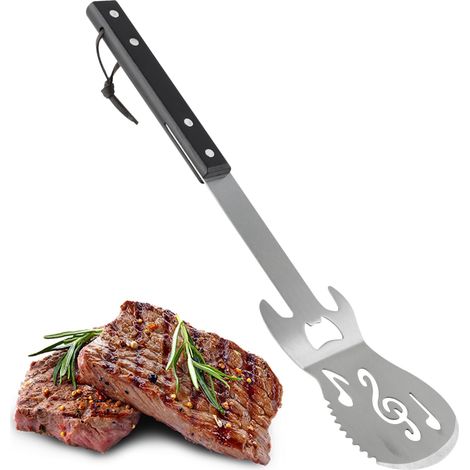 Utensili per barbecue, spatola per grigliare in acciaio inox 4 in 1, utensili multifunzionali per piastra con manico in legno, pratici accessori per barbecue, regali per barbecue per uomo (1/5)