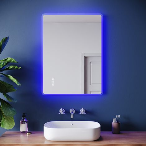 SIRHONA Miroir lumineux de salle de bain - Miroir Carré Anti-Buée avec Bluetooth Éclairage LED 3 couleurs, Prise Intégrée, 70x50 cm