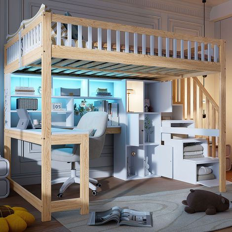 Lit mezzanine,140x200cm,avec lumières LED,échelle de rangement,étagères,compartiments de rangement,bureau,sans matelas,blanc+naturel