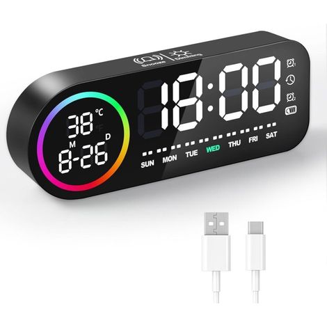 Digitaler Wecker mit großem LED-Display – Touchscreen, Doppelalarm (Schlummerfunktion, 5-stufige Dimmfunktion) – Schwarz