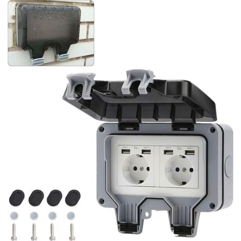 Prise Murale Étanche Ip66 - Double Sortie Avec 4 Ports Usb - Pour Jardin Garage Piscine - Boîtier De Protection Inclus (1/5)